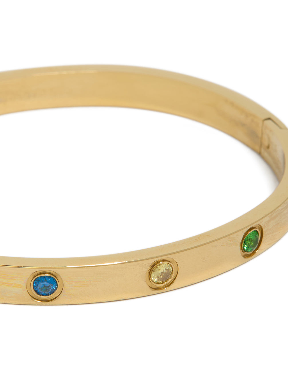 Designed with waterproof gold plated stainless steel bangle featuring floral inlay cubic zirconia close up view