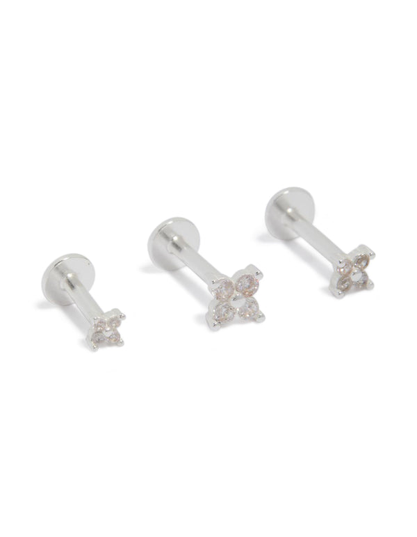 Crafted from sterling silver, this flower flat back stud earrings 3-pack with clear accents front view