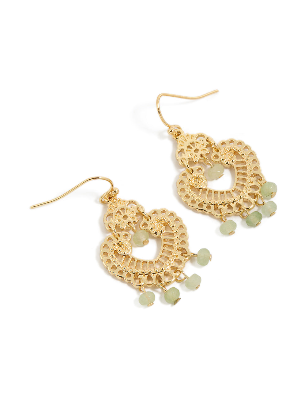 Showcasing gold plated drop earrings featuring beads with charm details, and pale green semi precious stone accents front view