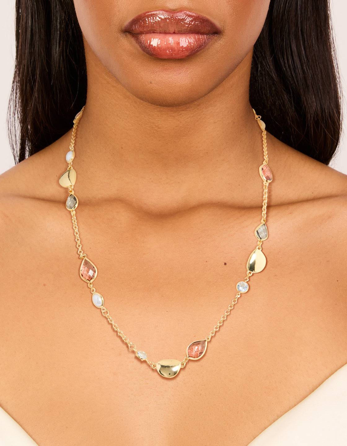 Gold Plated Cubic Zirconia & Large Stones Necklace