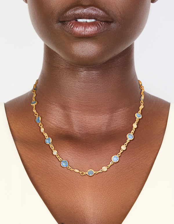 Gold Plated Blue Round Crystal Station Necklace