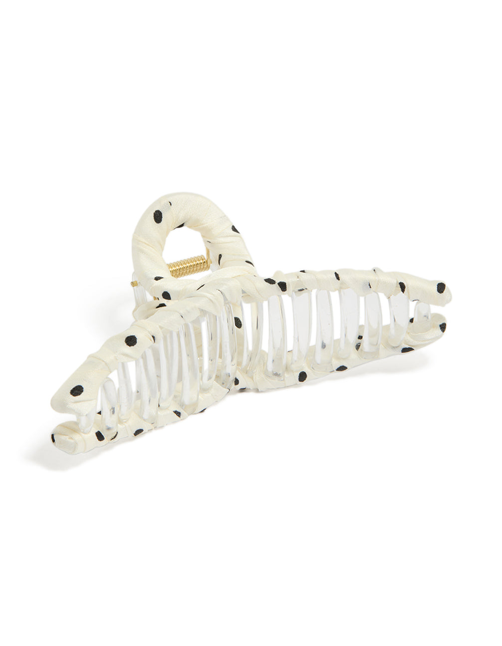 Featuring a polka dot fabric loop claw clip in ivory, black, and gold front view