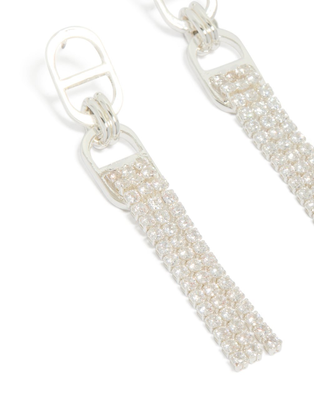 Highlighting silver diamante round attached tassel drop earrings with intricate stone setting close up view