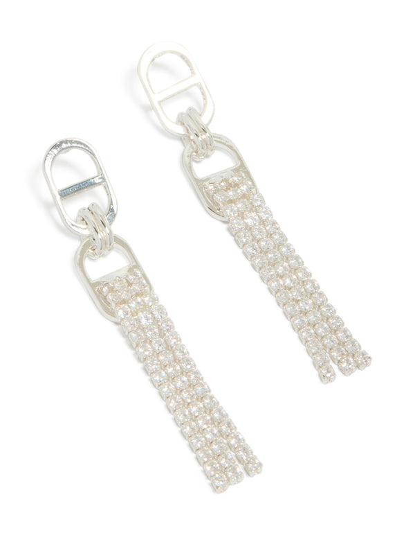Crafted from silver diamante round attached tassel drop earrings front view