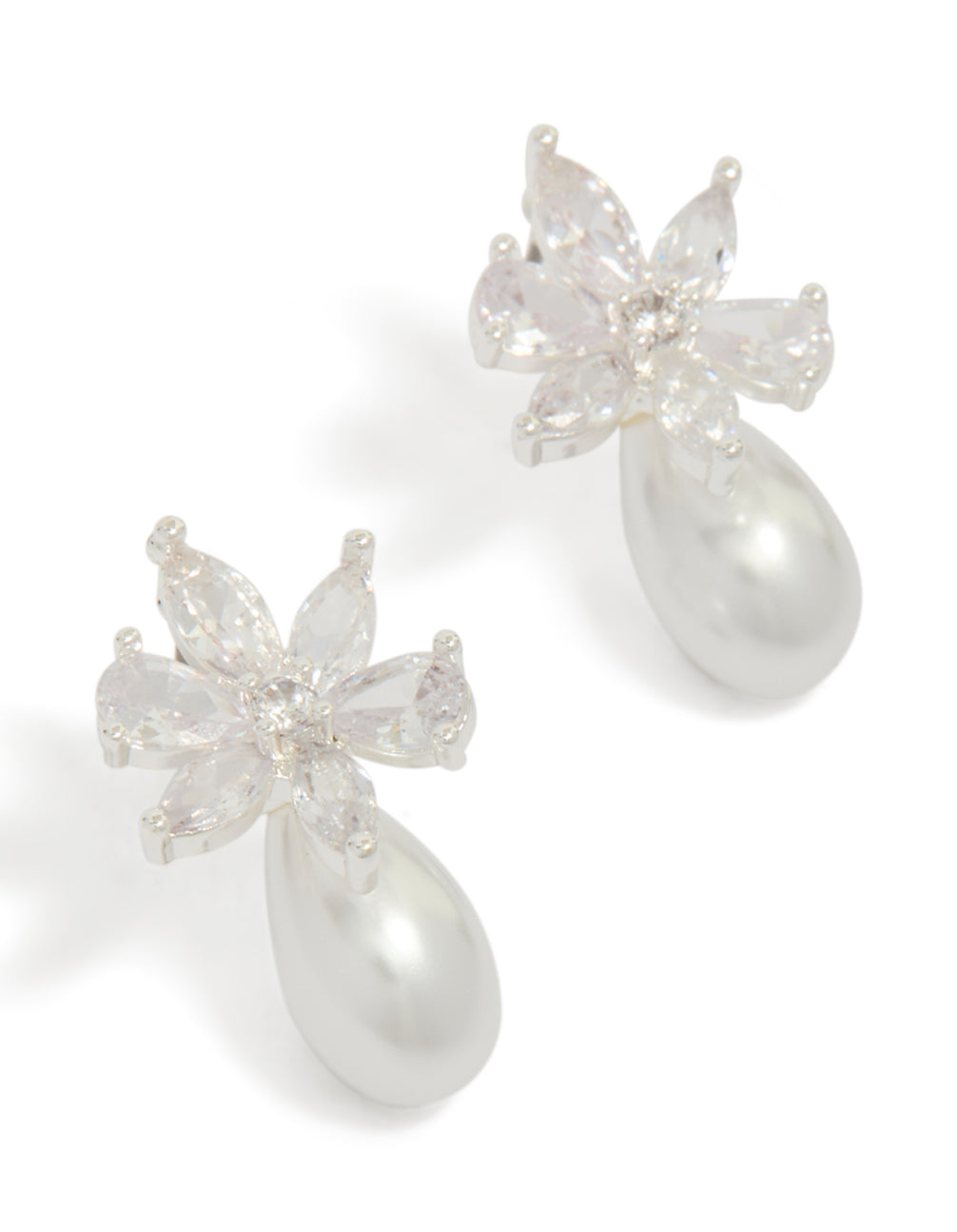 Elegant silver plated cubic zirconia flower pearl stud earrings in white front view