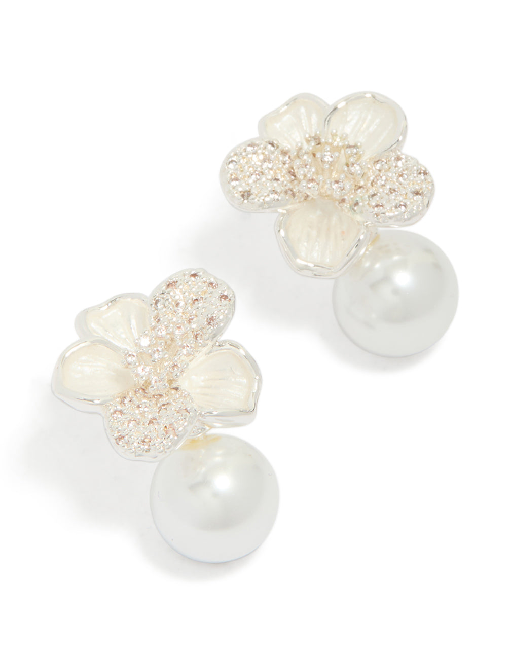 Showcasing silver plated cubic zirconia flower and pearl drop earrings with floral design in clear and ivory front view
