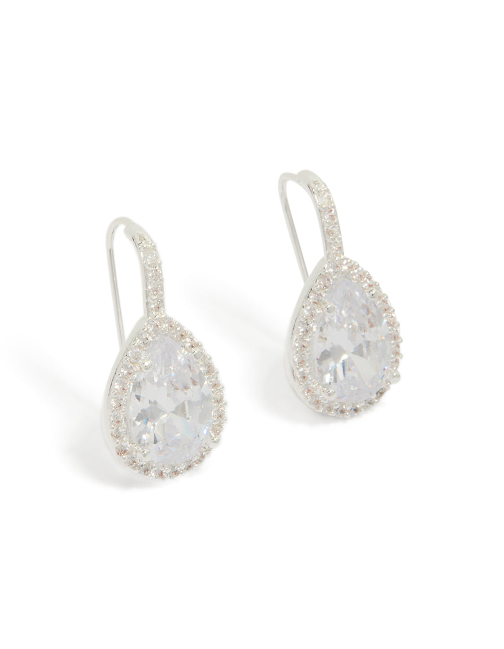 Showcasing large hook drop earrings in statement style with cubic zirconia stones and plated finish front view