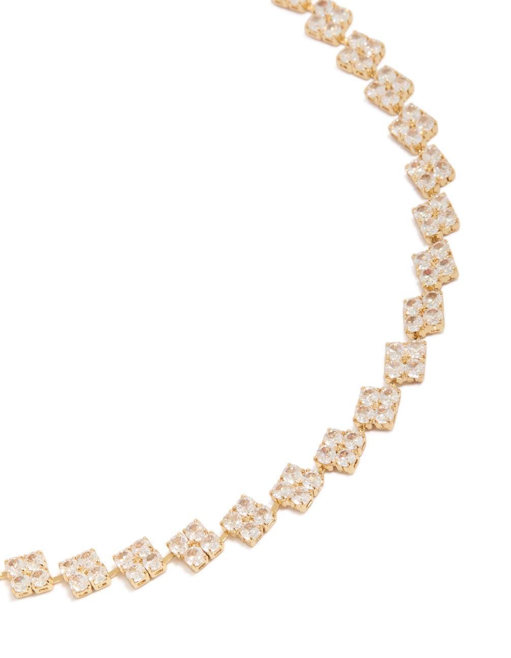 Showcasing a floral tennis necklace crafted from gold plated cubic zirconia with crystal details in dainty styling front view