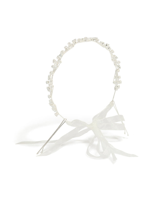 Showcasing a multi shaped cubic zirconia vine headband with bow in silver front view