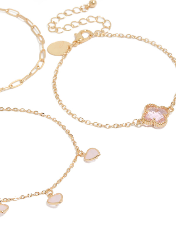 Gold Pink Diamante Flower & Heart Chain Bracelets 3-Pack
