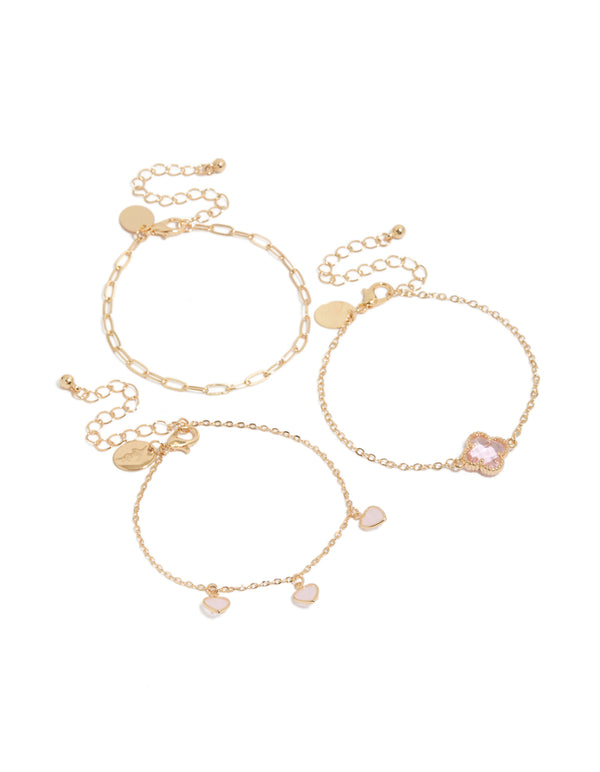 Gold Pink Diamante Flower & Heart Chain Bracelets 3-Pack