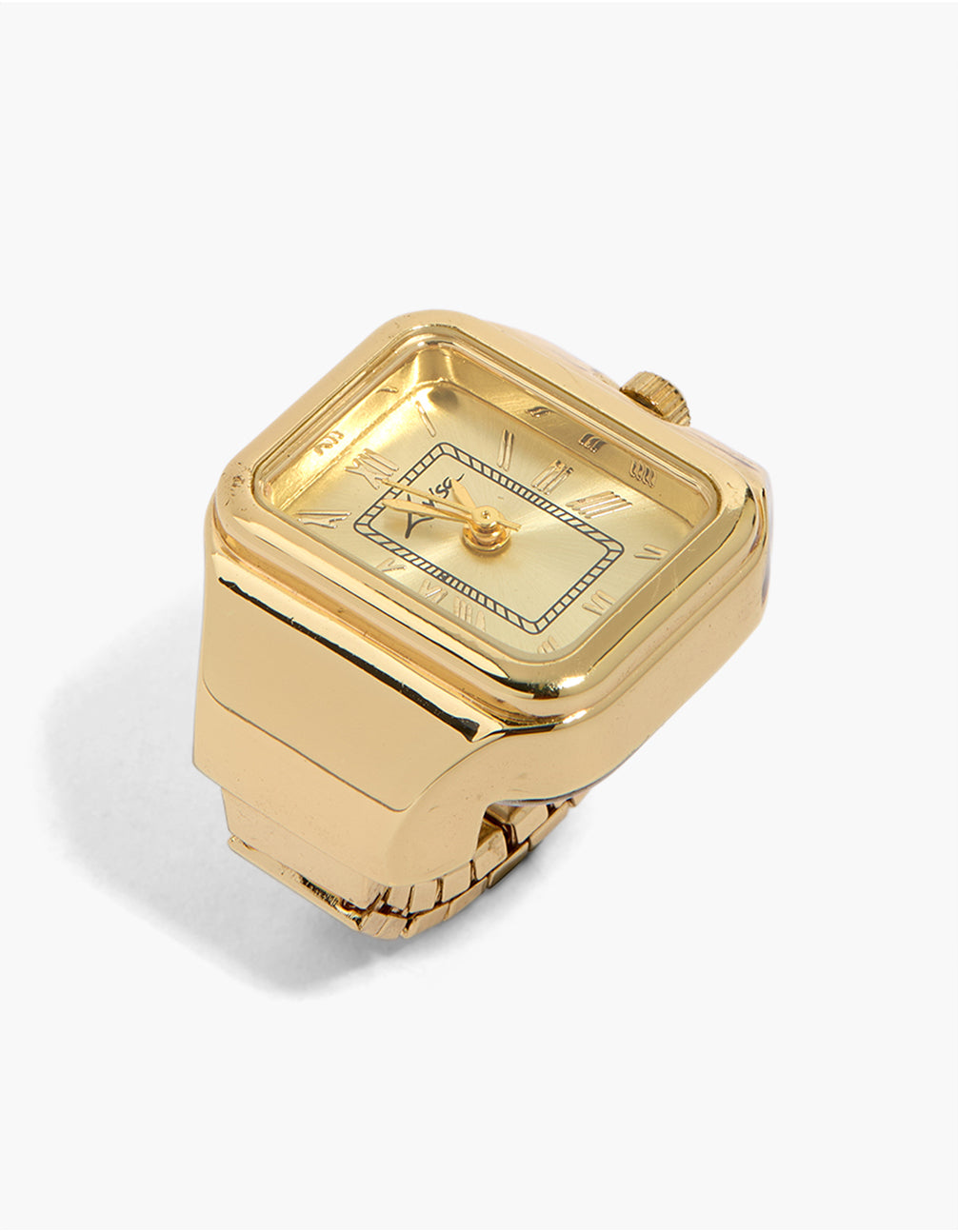 Showcasing a gold classic square watch ring with link band in statement style side detail view