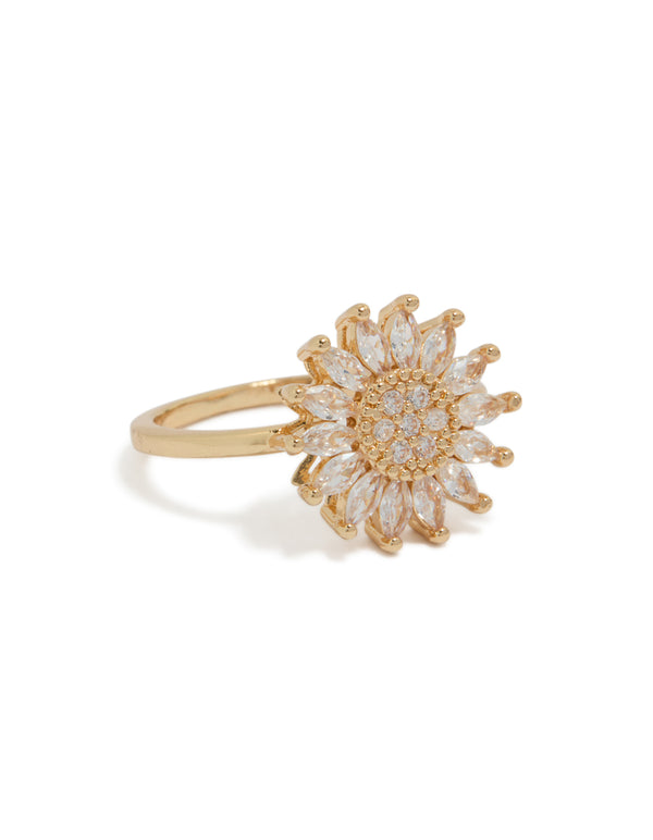 Showcasing a gold cubic zirconia daisy flower ring front view
