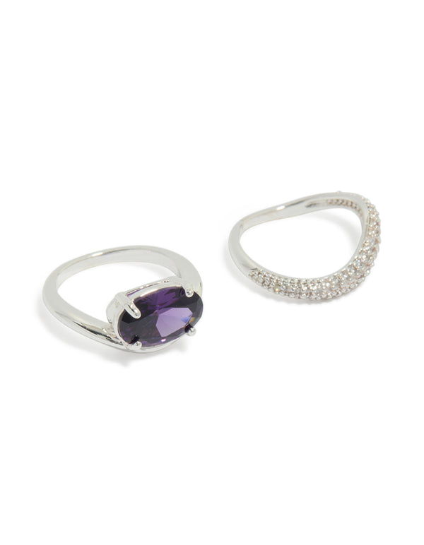 Showcasing a silver plated cubic zirconia purple oval rings 2-pack with crystal and statement styling front view
