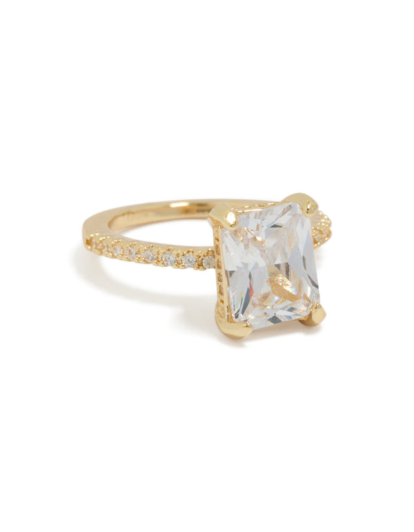 Beautifully crafted gold plated textured square cubic zirconia ring with statement design front view