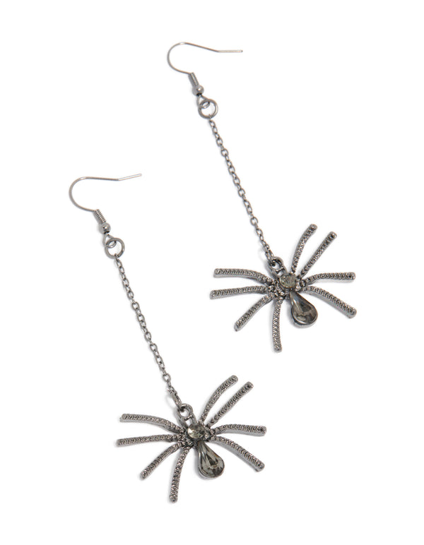 Showcasing gunmetal spider chain drop earrings with statement in dimgrey and silver front view