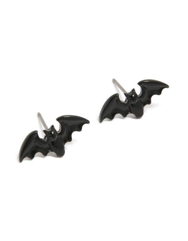 Showcasing black acrylic bat stud earrings design with silver closure front view