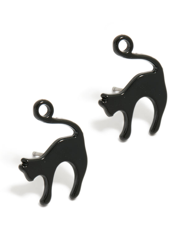 Showcasing black acrylic cat stud earrings featuring with stud closure front view