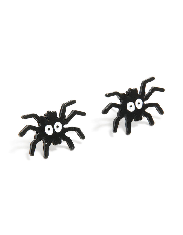 Showcase a playful pair of black coated metal spider face stud earrings in white and black front view