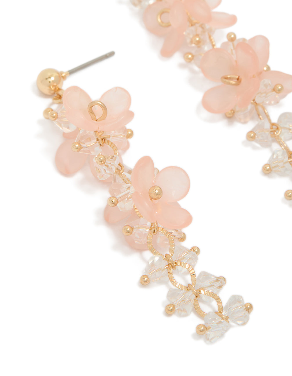 Beautifully designed this statement drop earrings with pink acrylic flowers and beads close up view