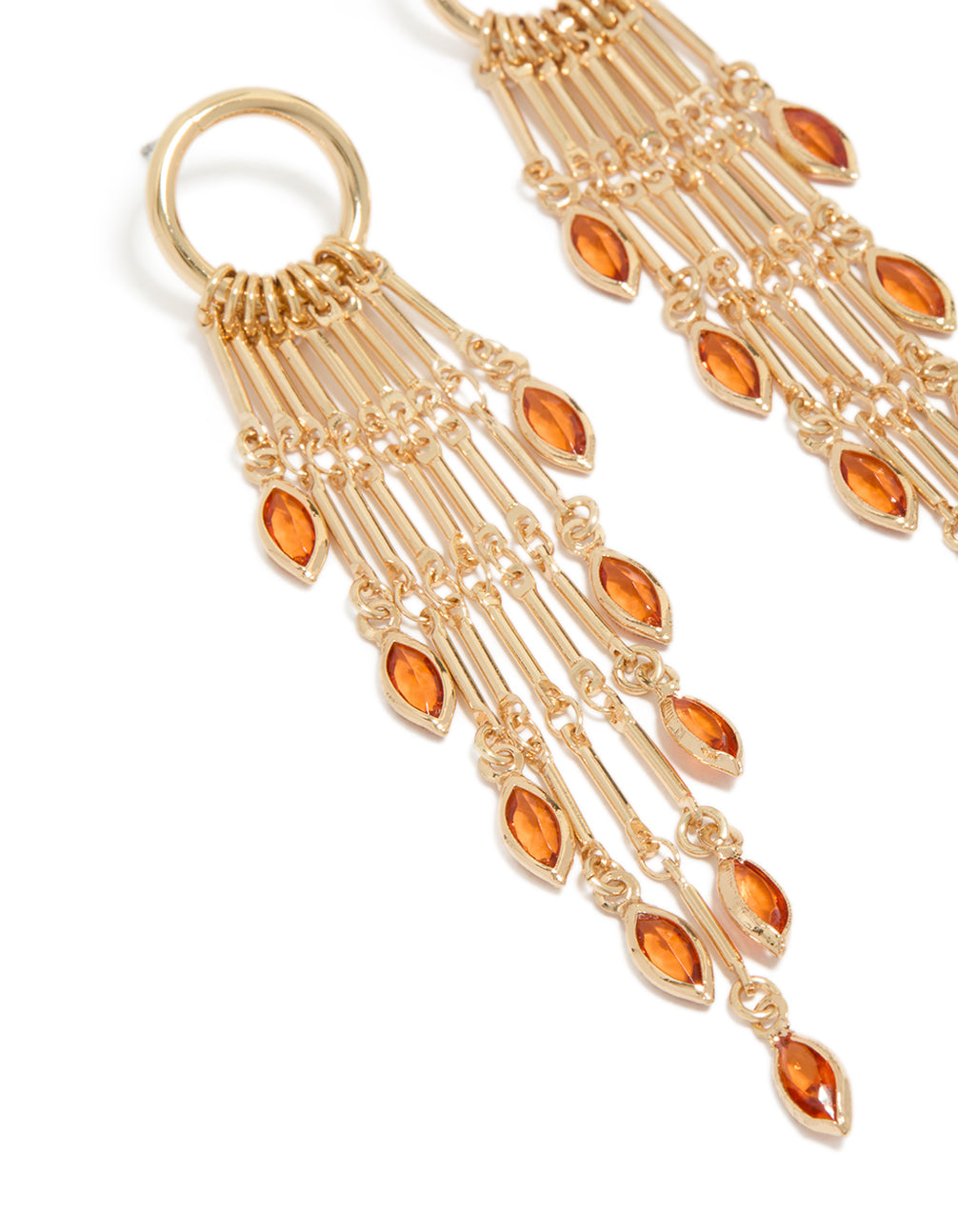 Featuring statement style gold ring with long amber diamante chain drop earrings, tassel, charm orange details close up view