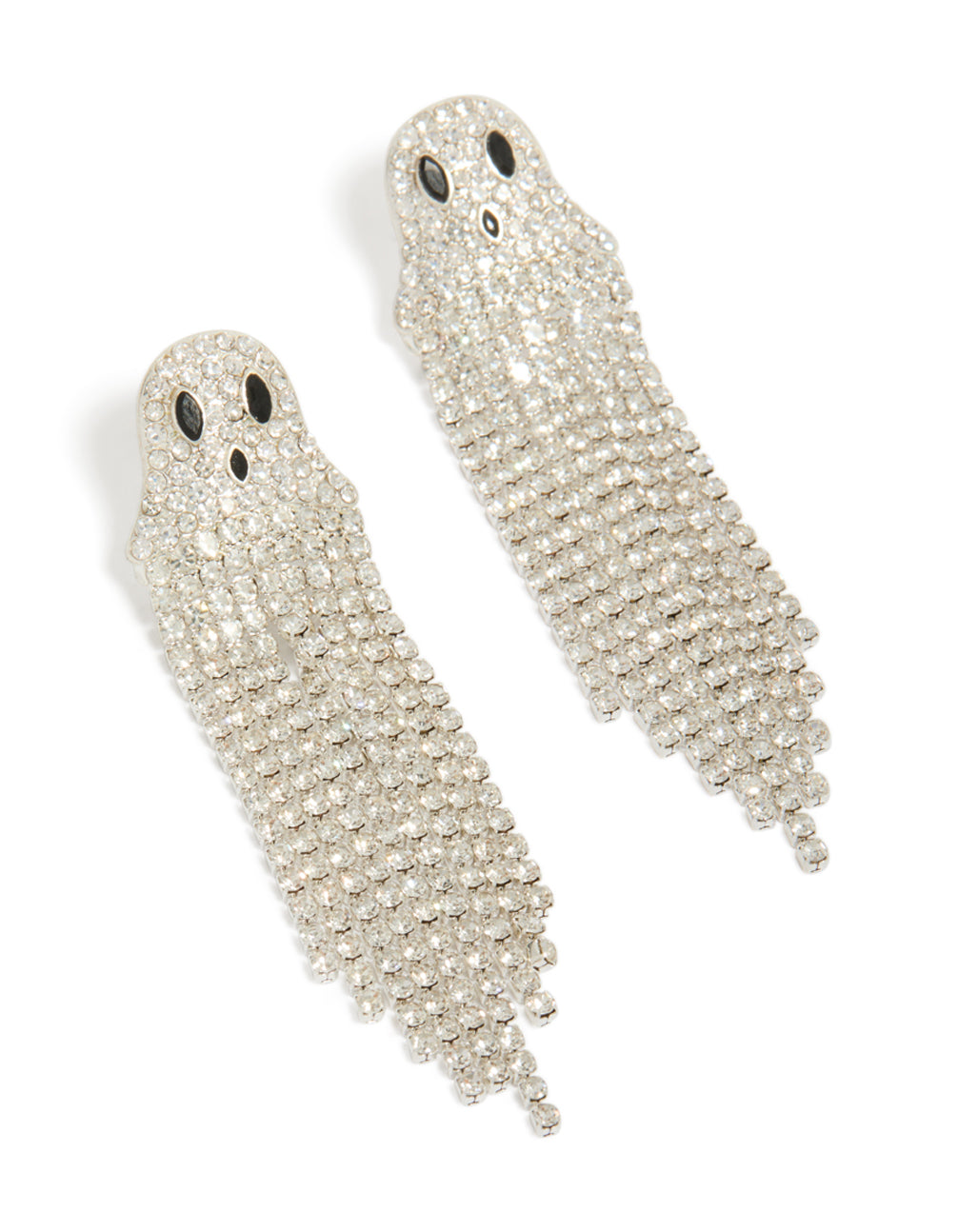 Showcasing silver diamante cupchain ghost drop earrings with tassel in statement style front view