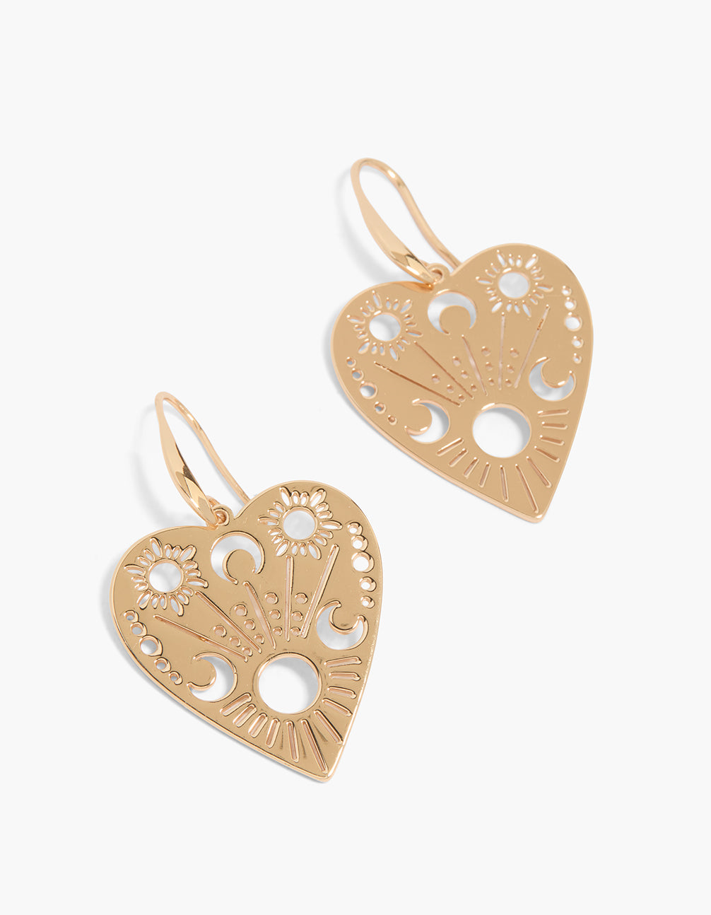 Beautifully designed gold carved planchett drop earrings featuring celestial and heart motifs in statement style front view