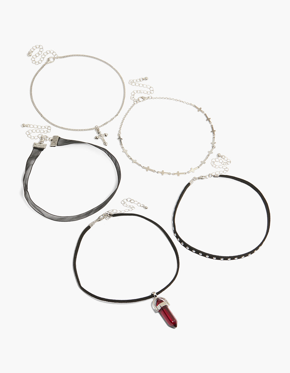 Featuring a 5-pack of cord necklaces with cross and silver accents in black and maroon front view