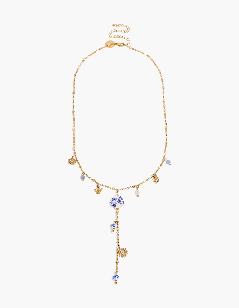 Featuring waterproof gold plated stainless steel pearl painted flower y-necklace with beads, floral pattern, sun and heart charm, cubic zirconia in dainty statement style clasp detail view