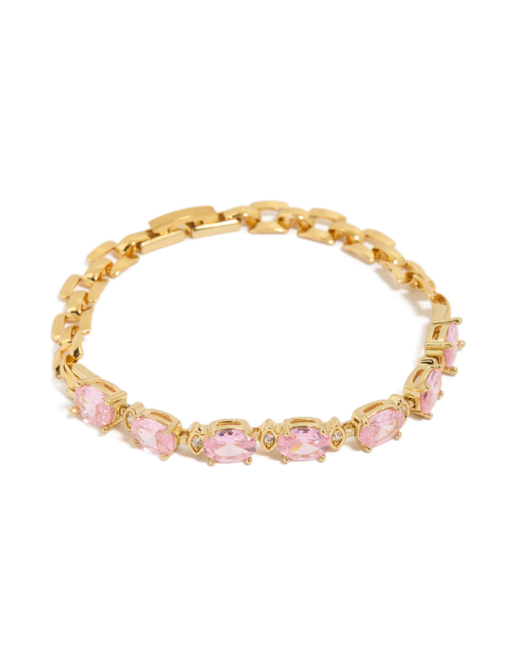 Showcasing a waterproof gold plated stainless steel bracelet with pink cubic zirconia oval stones and link design front view