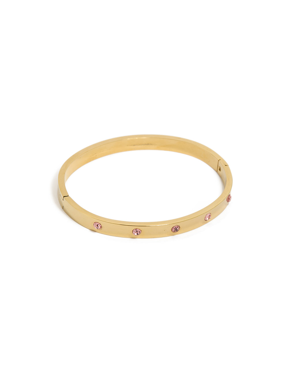 Showcasing a waterproof gold plated stainless steel hinged bracelet featuring pink diamante accents front view