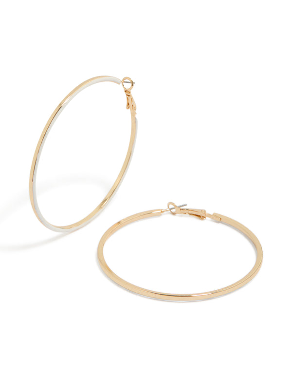 Gold White Enamel Outline Hoop Earrings