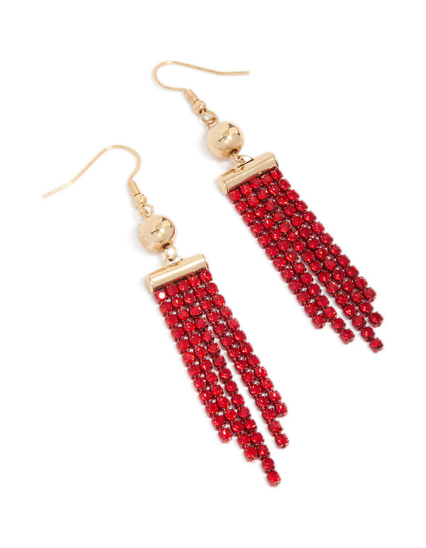 Gold Ball & Red Diamante Cupchain Stands Drop Earrings