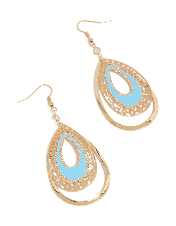 Gold & Aqua Layered Teardrop Drop Earrings
