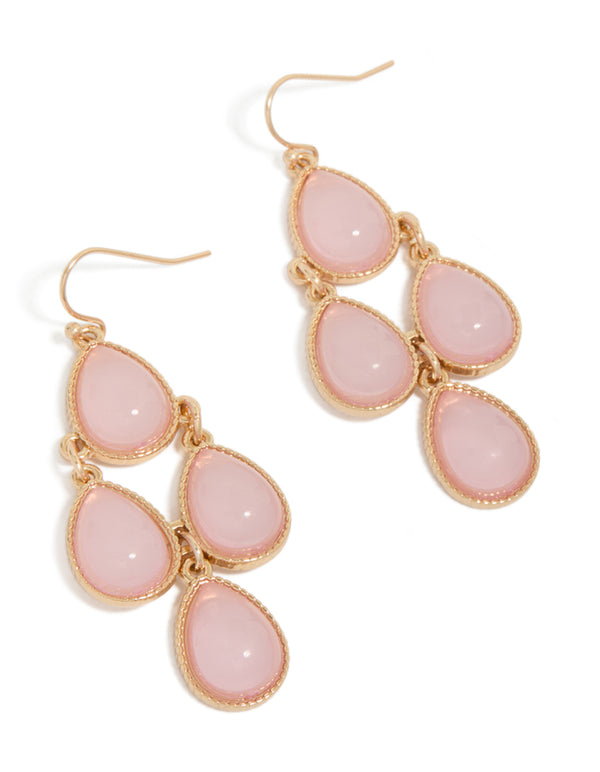 Gold Teardrop Pink Stones Drop Earrings