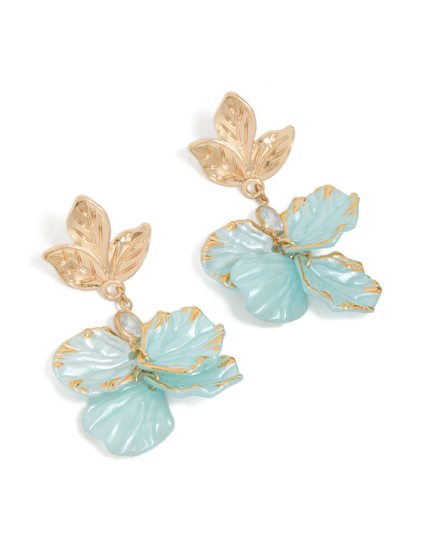 Gold Light Blue Leaf Petal Drop Earrings
