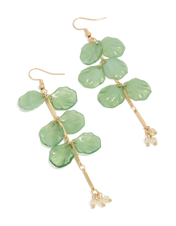 Gold Green Beaded Petal Drop Earrings