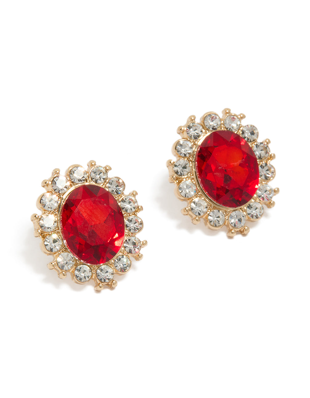 Showcasing statement stud earrings with round red diamantes outlined in gold featuring clear crystal accents front view