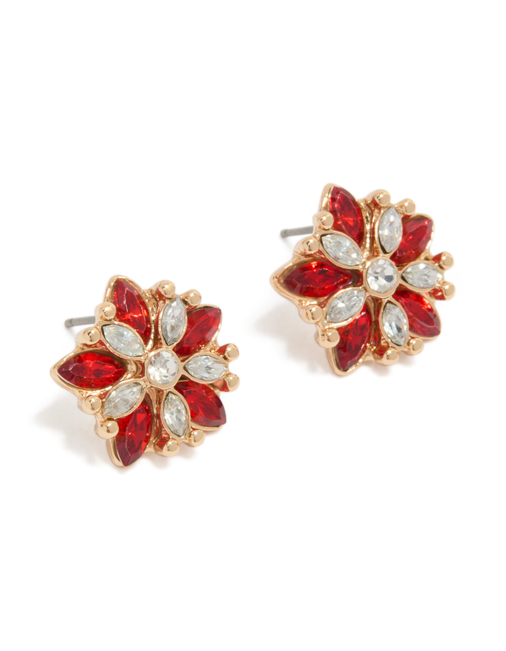 Showcasing flower stud earrings in gold, red, and clear with diamante detailing front view