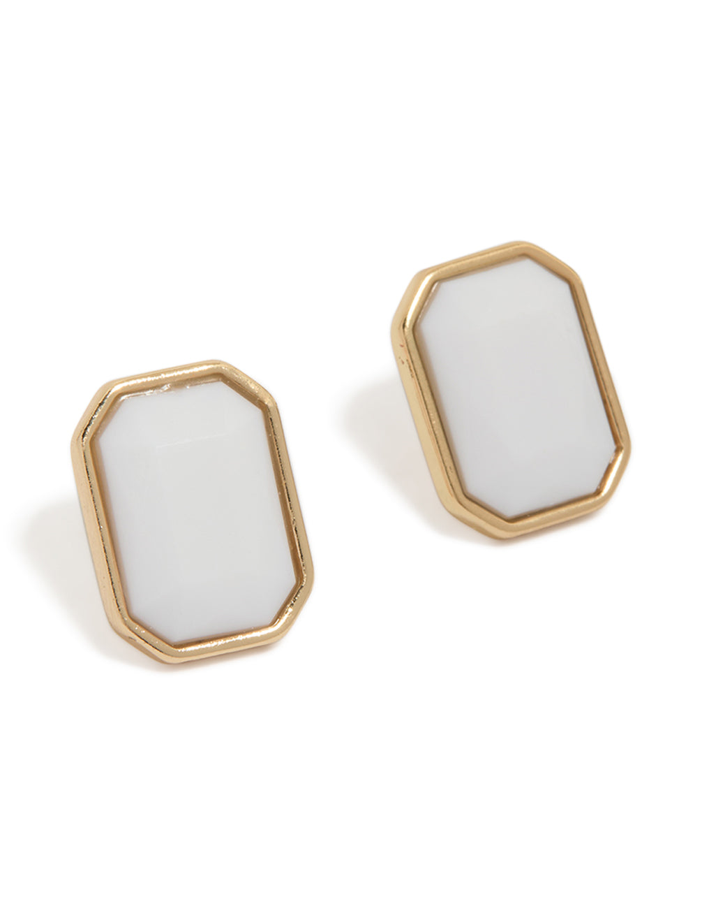 Gold Rectangle Enamel White Stud Earrings