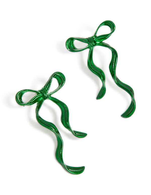 Showcasing green coated metal dangle bow stud earrings with decorative ribbons front view