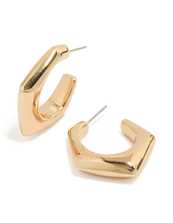 Showcasing gold round pointed huggie earrings with huggie closure front view