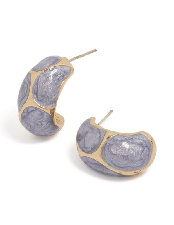Gold Marble Lilac Enamel Huggie Earrings