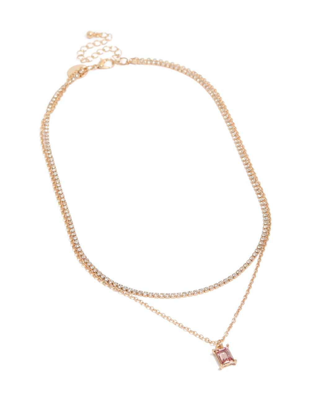 Discover a gold cupchain pink baguette layered necklace with baguette stone cut front view