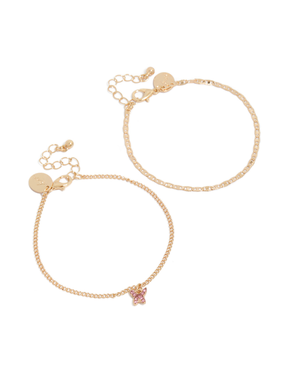 Showcasing a gold diamante butterfly bracelet 2-pack with pink accents front view