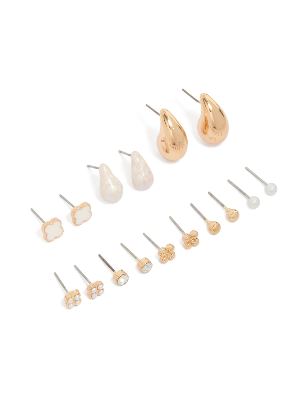 Elegant 8-pack of balls and pearl earrings in gold front view