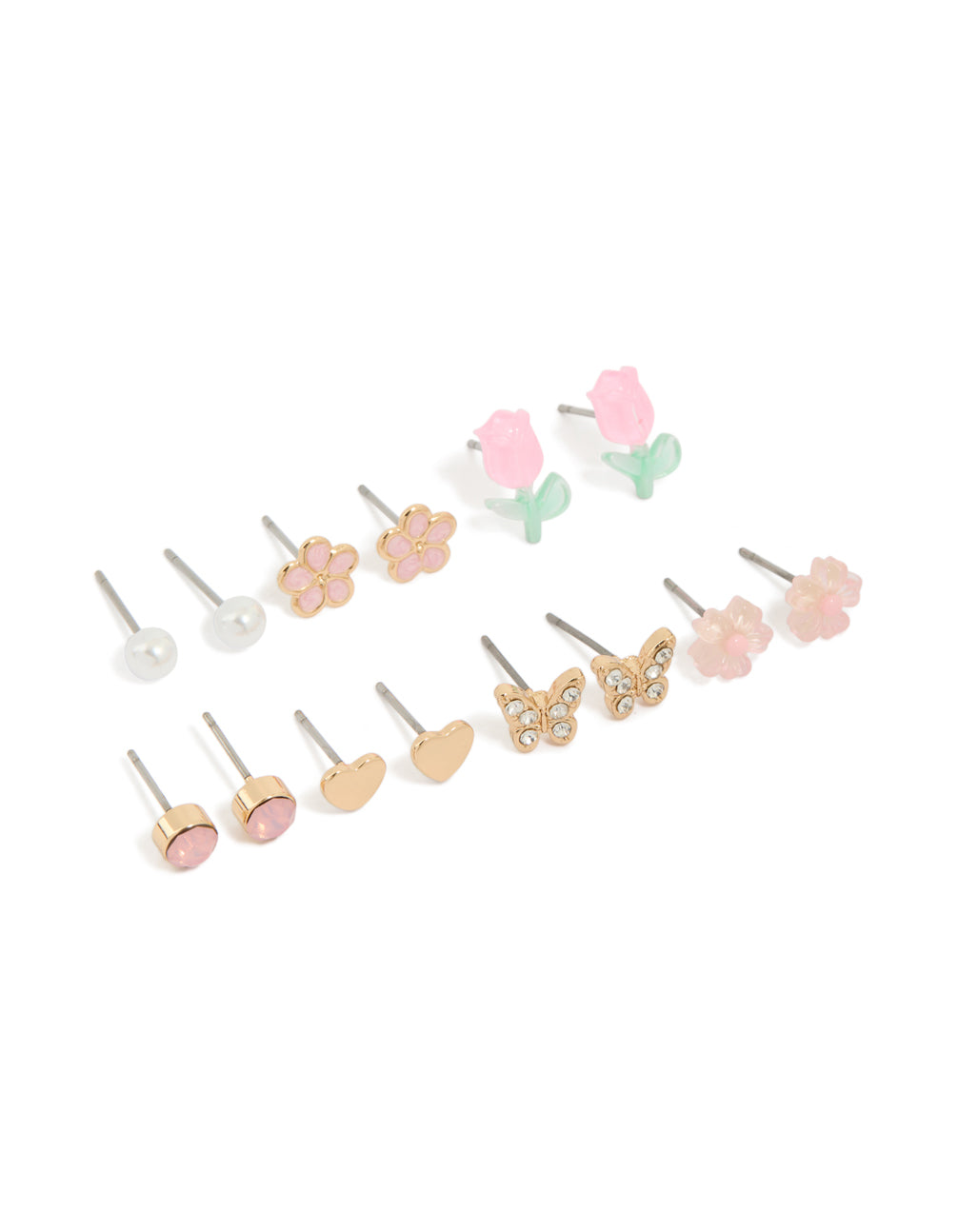 Featuring a 7-pack of stud earrings with butterfly, floral, heart, and pearl designs in gold, pink and white front view