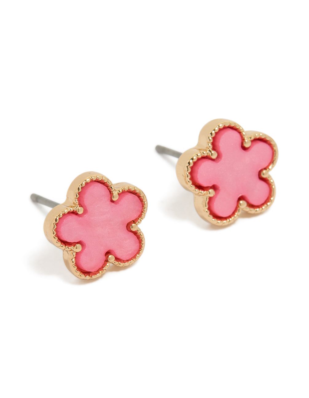 Showcasing dainty stud earrings featuring floral pattern in pink and gold with acrylic construction front view
