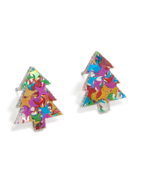 Multicoloured Acrylic Glitter Festive Tree Stud Earrings