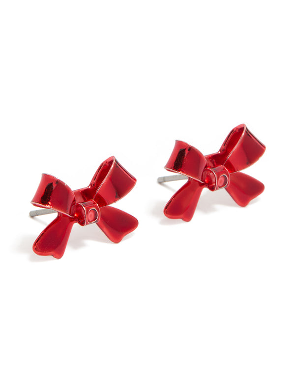 Shiny Red Acrylic Bow Stud Earrings